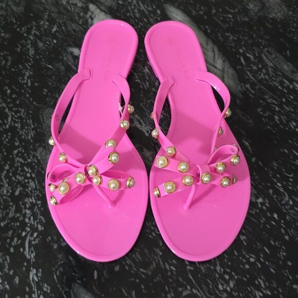 BRAND NEW OLIVIA & KATE PEARL ACCENTS BOWNOT DESIGN FLIP FLOP SANDAL - Picture 3 of 14
